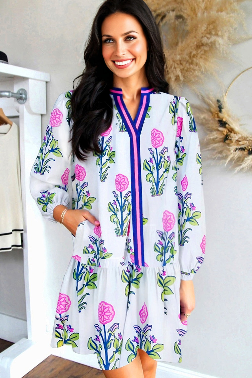 Sky Blue Floral Print Contrast Striped Trim Notched Neck Long Sleeve Dress