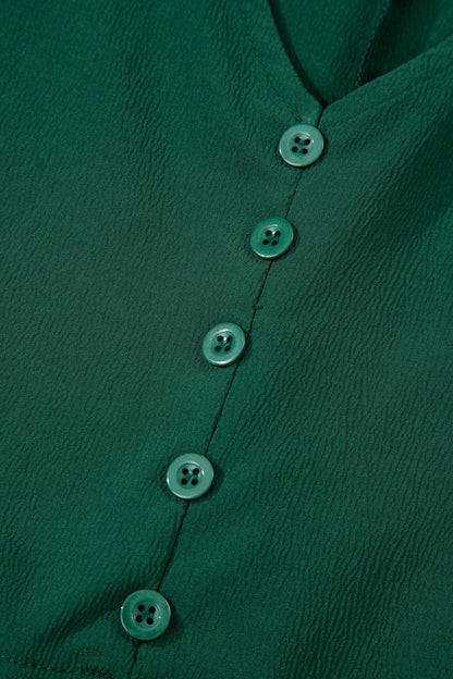 Blackish Green Solid Long Sleeve Button V Neck Tiered Maxi Dress