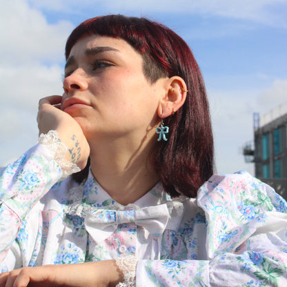Mini Blue Bow Huggie Hoop Earrings