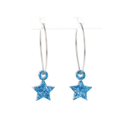 Mini Blue Glitter Star Hoop Earrings