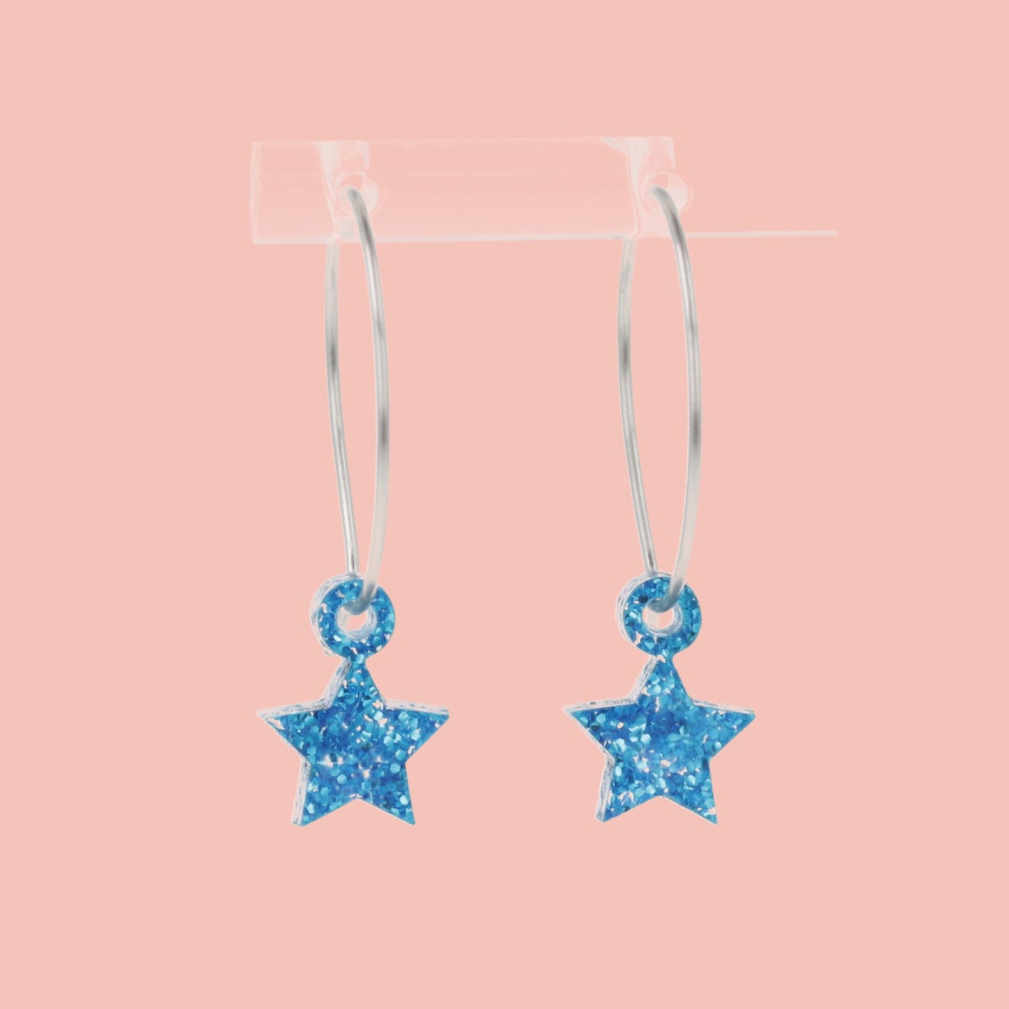 Mini Blue Glitter Star Hoop Earrings