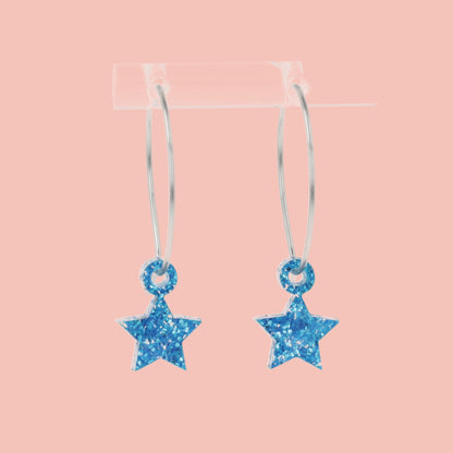Mini Blue Glitter Star Hoop Earrings