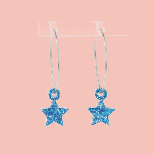 Mini Blue Glitter Star Hoop Earrings