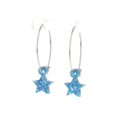 Mini Blue Glitter Star Hoop Earrings
