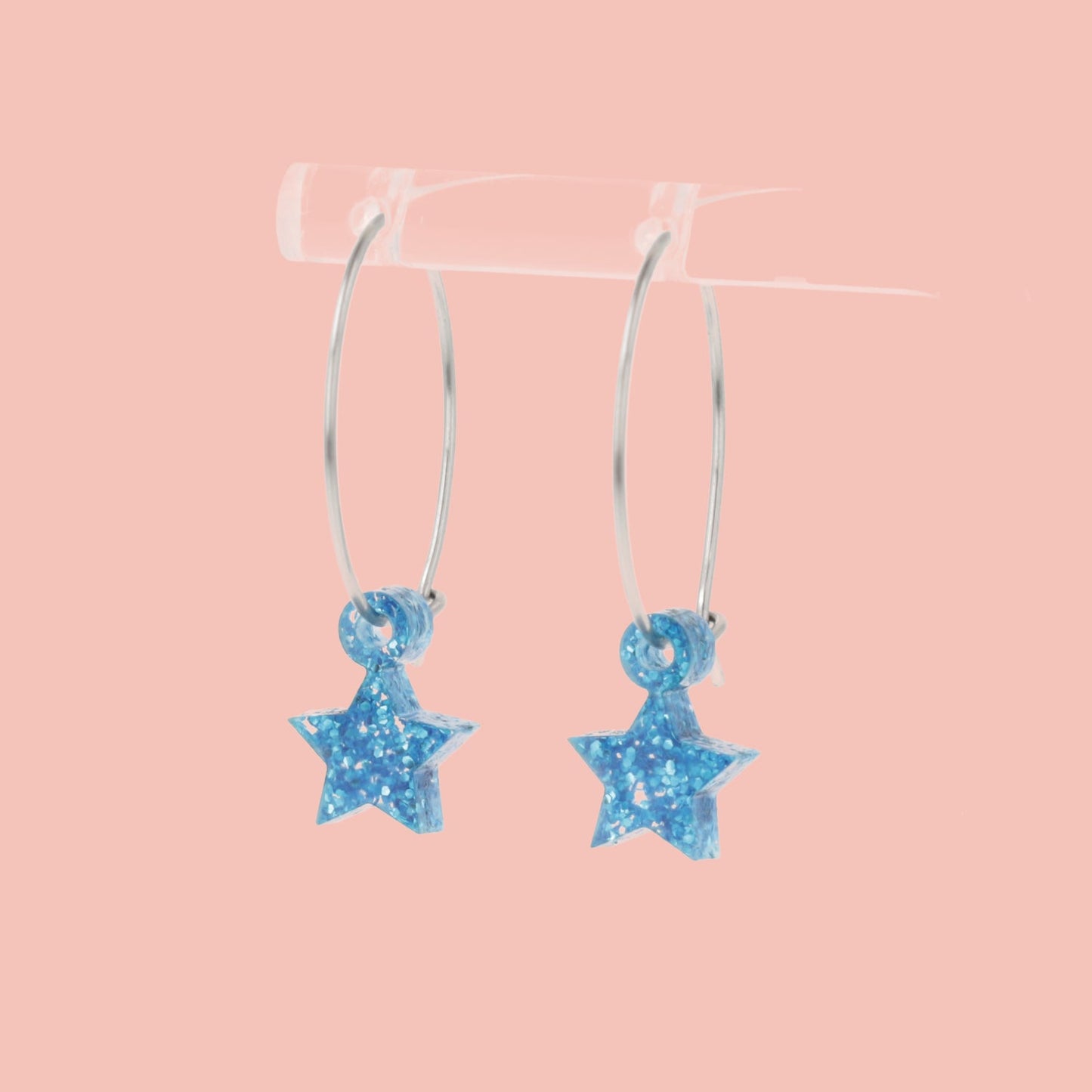 Mini Blue Glitter Star Hoop Earrings