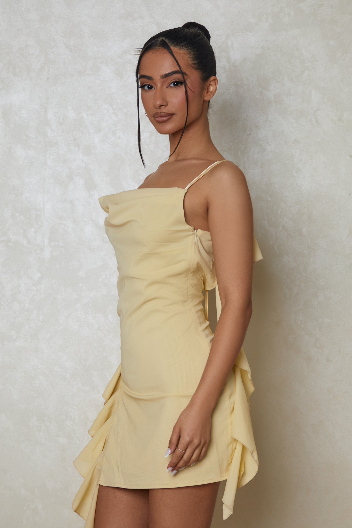 The Cowl Neck Ruffle Mini Dress in Yellow
